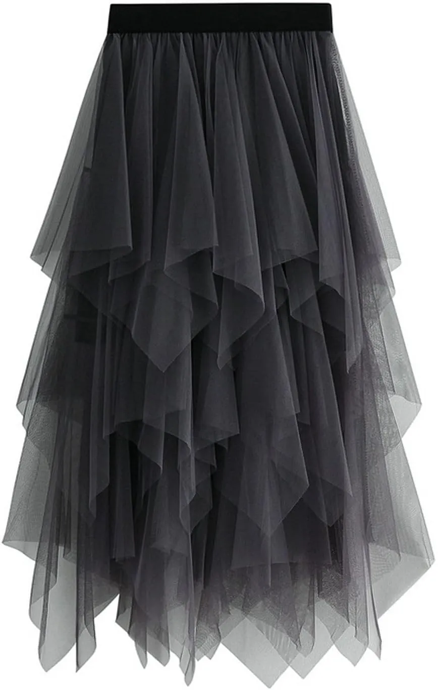 Women's Tulle Skirts Midi Long Fairy Skirt High Low Asymmetrical Hem Skirts Mesh Layered Tutu Skirt 2025 Fashion