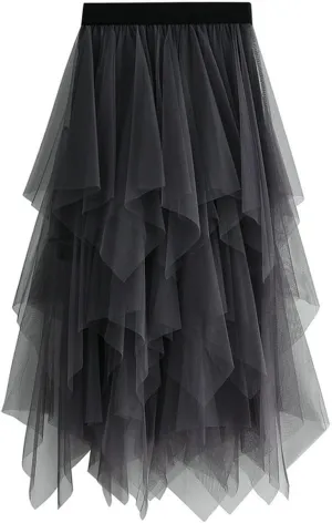 Women's Tulle Skirts Midi Long Fairy Skirt High Low Asymmetrical Hem Skirts Mesh Layered Tutu Skirt 2025 Fashion