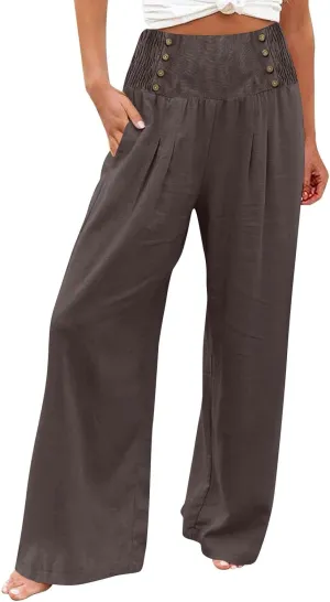 Women's Wide Leg Pants High Waist Linen Trousers Solid Elastic Waist Slim Fit Pants with Pockets Loose Lounge Pants