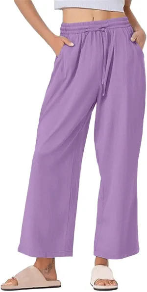 Womens Wide Leg Pants Solid Cotton Linen Drawstring Elastic High Waist Pant Baggy Summer Trousers with Pockets