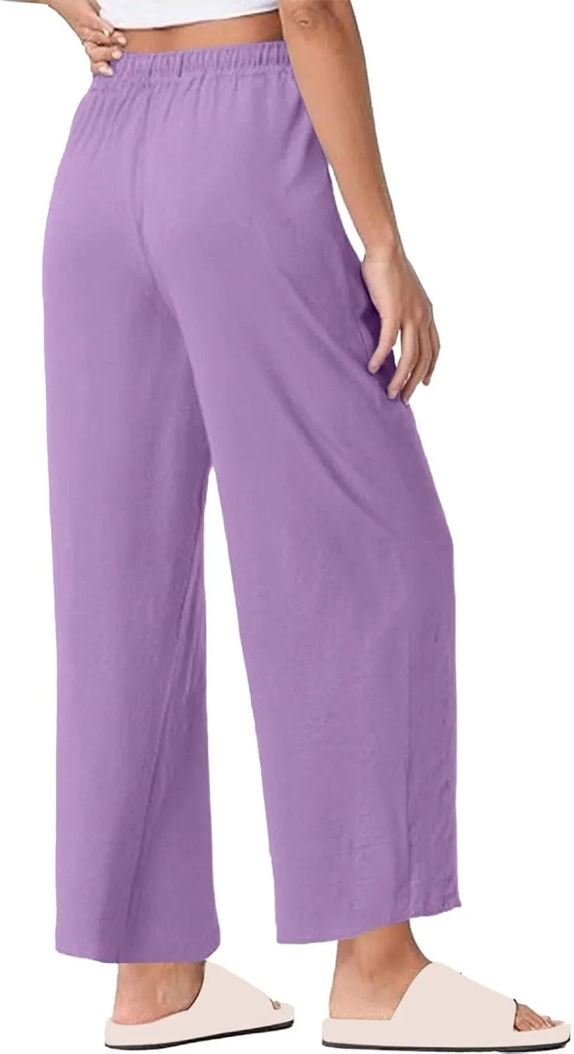 Womens Wide Leg Pants Solid Cotton Linen Drawstring Elastic High Waist Pant Baggy Summer Trousers with Pockets