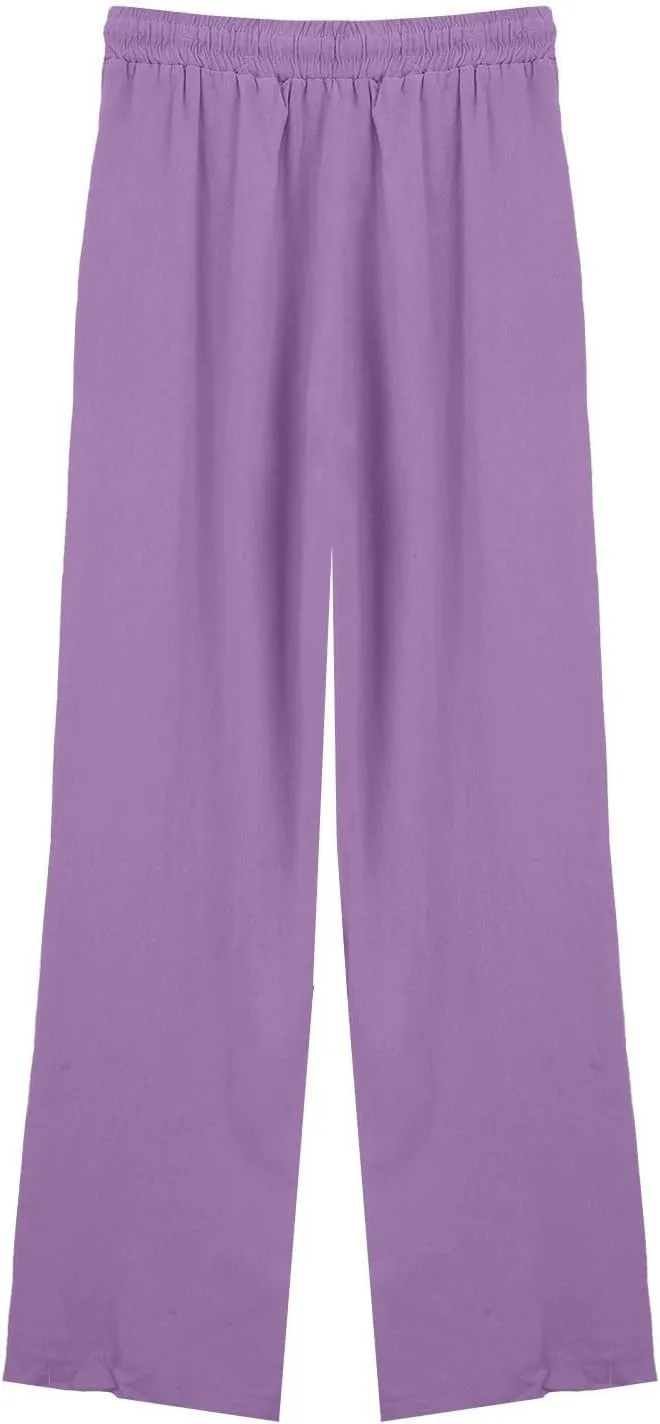 Womens Wide Leg Pants Solid Cotton Linen Drawstring Elastic High Waist Pant Baggy Summer Trousers with Pockets