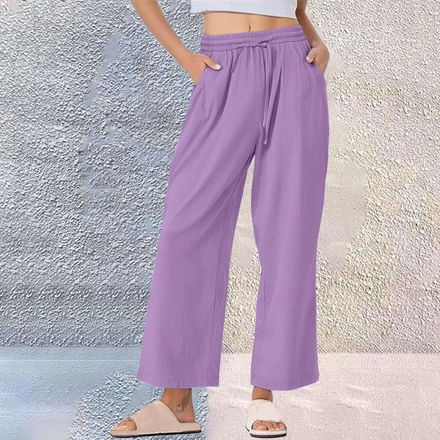 Womens Wide Leg Pants Solid Cotton Linen Drawstring Elastic High Waist Pant Baggy Summer Trousers with Pockets