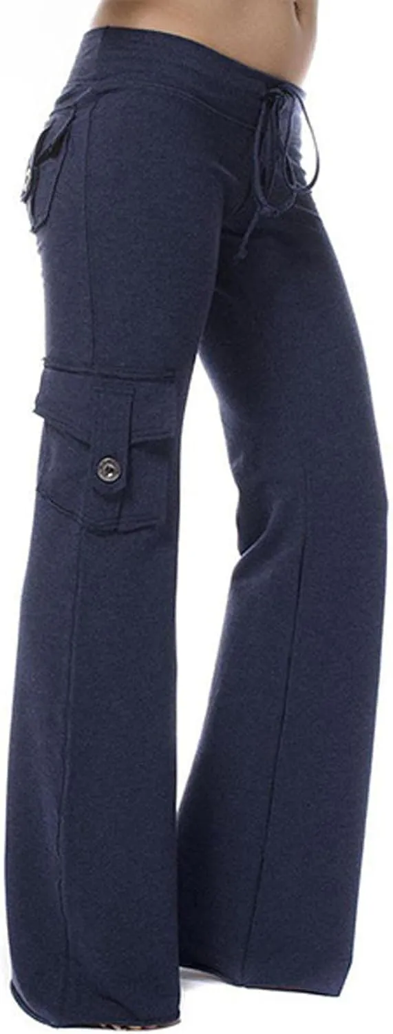 Womens Workout Out Leggings Stretchy Waist Yoga Gym Loose Pants with Multi Button Cargo Pockets Wide Leg