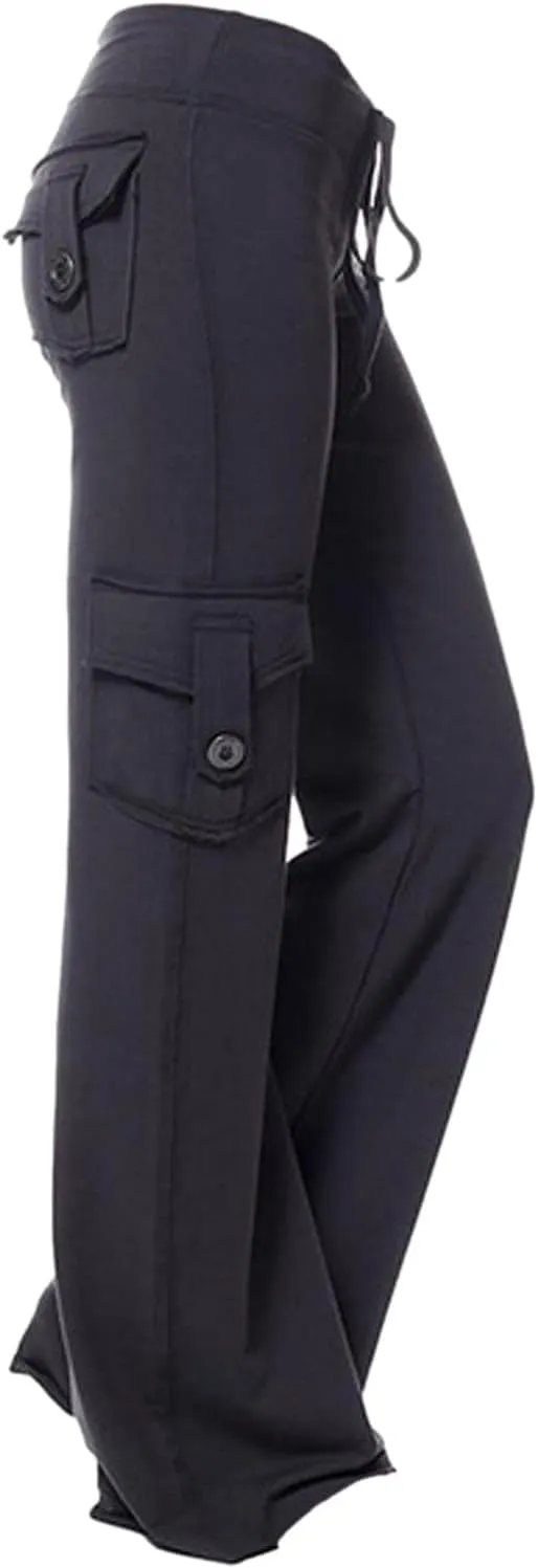 Womens Workout Out Leggings Stretchy Waist Yoga Gym Loose Pants with Multi Button Cargo Pockets Wide Leg