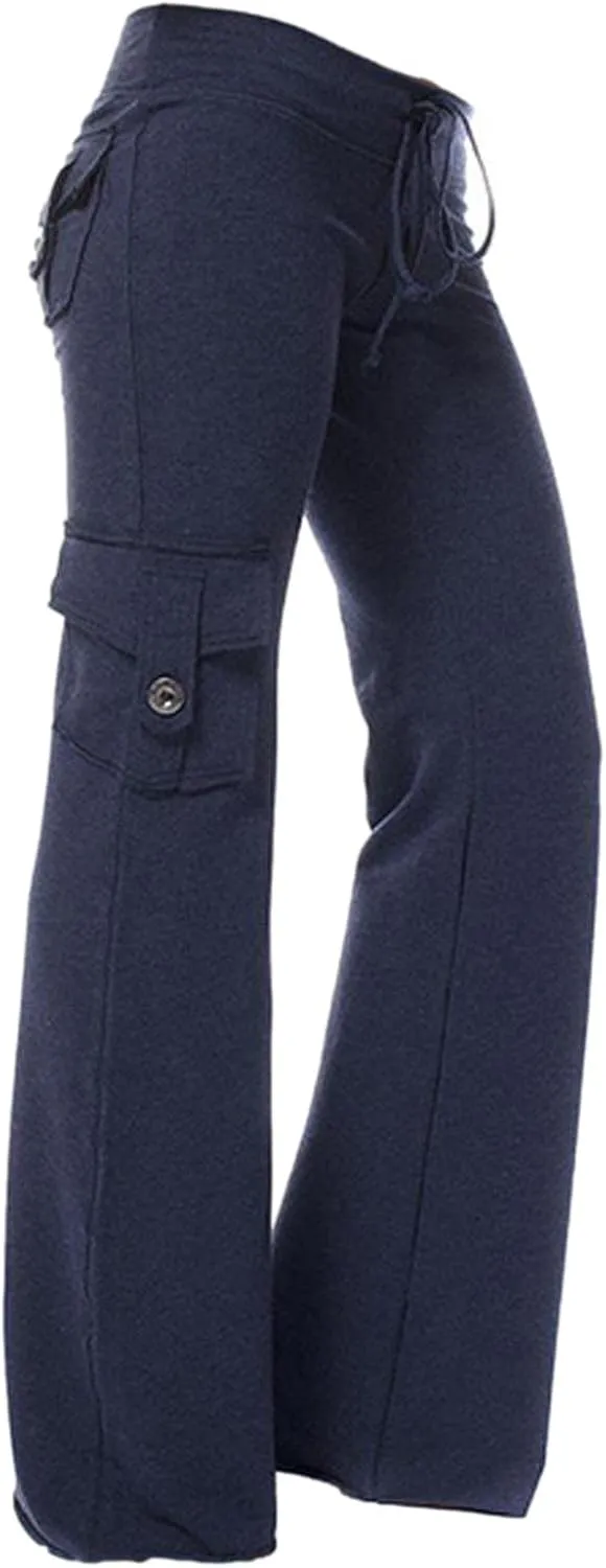 Womens Workout Out Leggings Stretchy Waist Yoga Gym Loose Pants with Multi Button Cargo Pockets Wide Leg