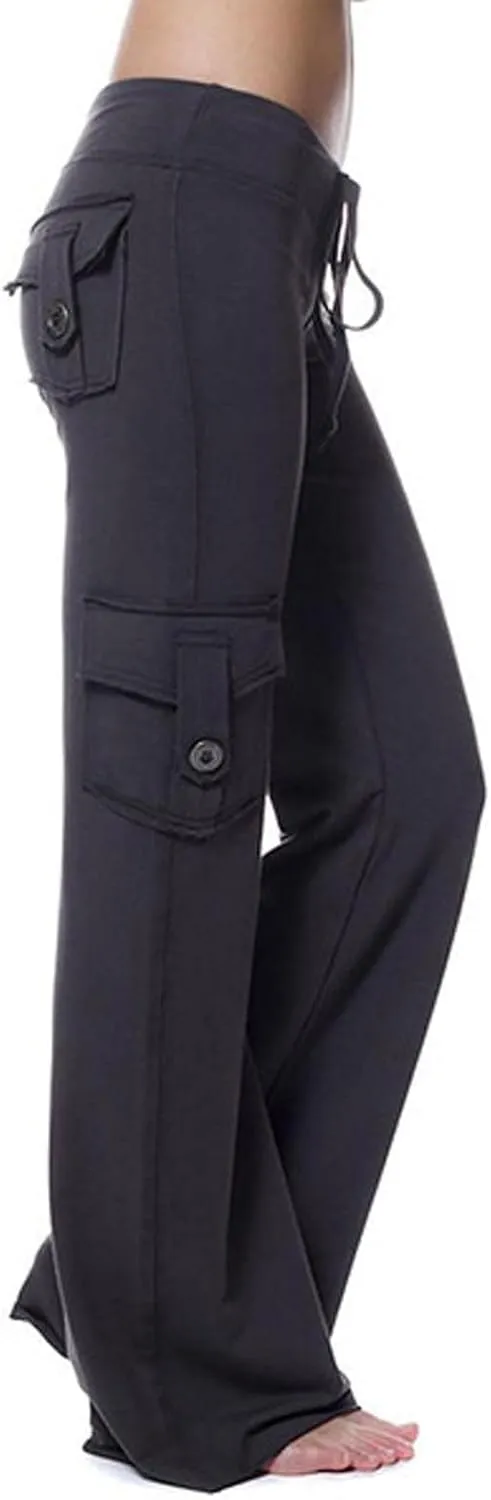 Womens Workout Out Leggings Stretchy Waist Yoga Gym Loose Pants with Multi Button Cargo Pockets Wide Leg