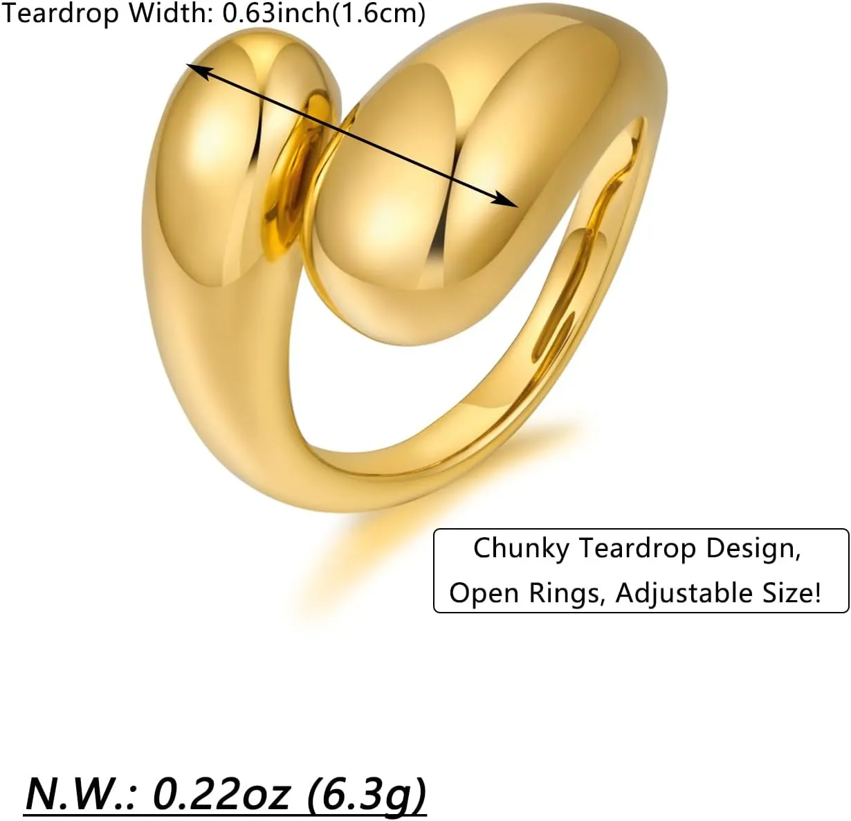 WOWORAMA Chunky Teardrop Rings for Women Silver Gold Bypass Dome Rings Thick Statement Open Adjustable Rings Simple Waterdrop Stackable Band Rings