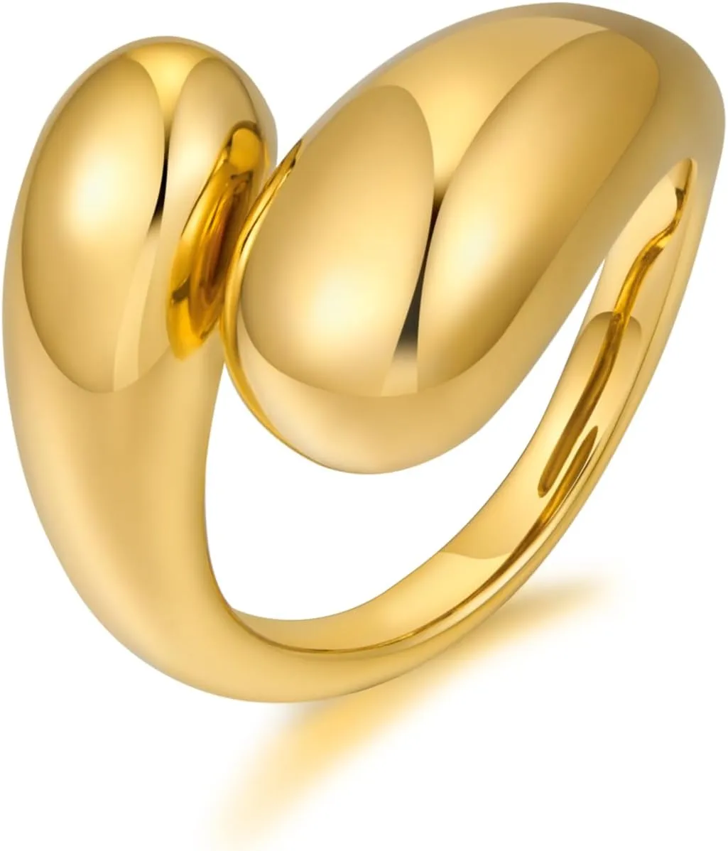 WOWORAMA Chunky Teardrop Rings for Women Silver Gold Bypass Dome Rings Thick Statement Open Adjustable Rings Simple Waterdrop Stackable Band Rings