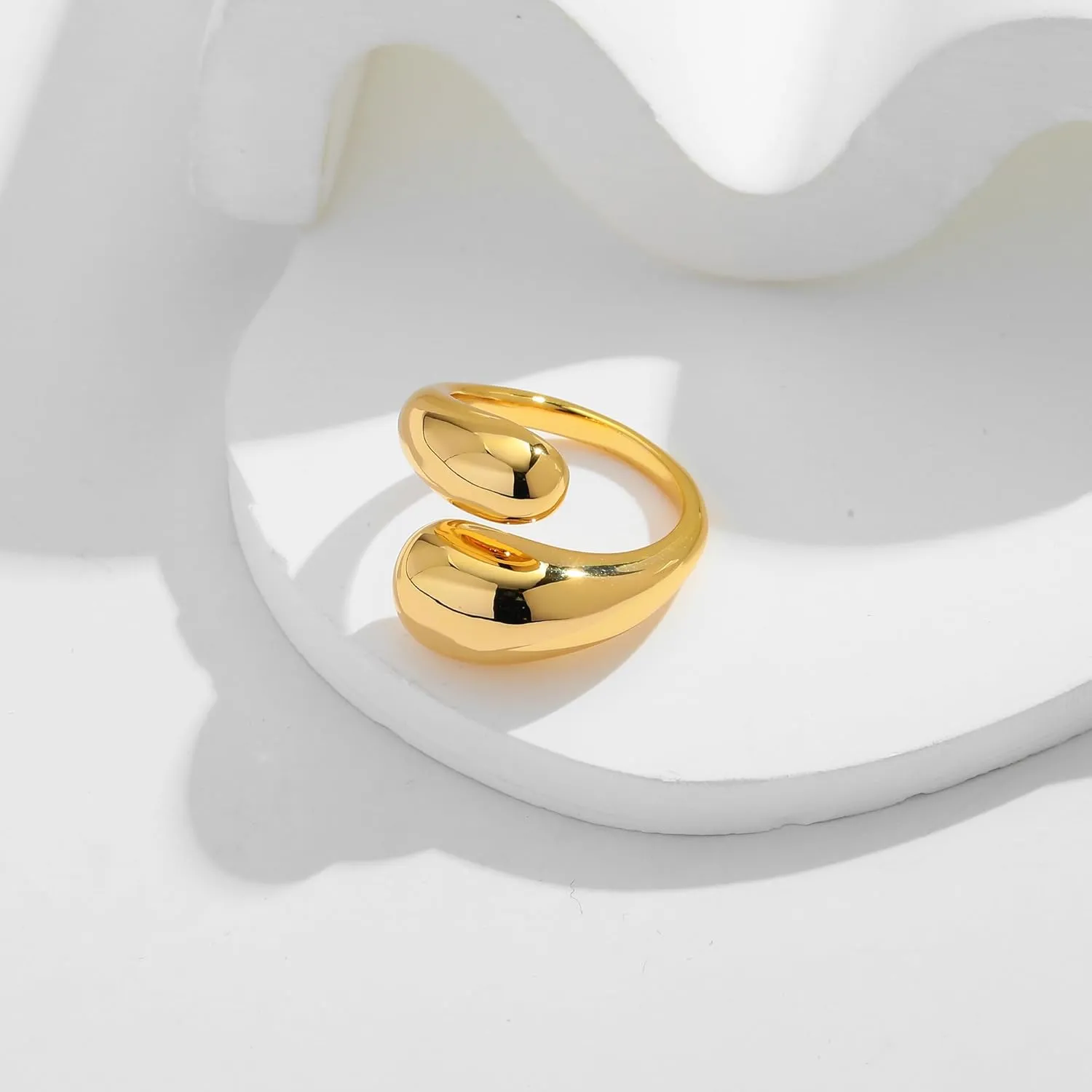 WOWORAMA Chunky Teardrop Rings for Women Silver Gold Bypass Dome Rings Thick Statement Open Adjustable Rings Simple Waterdrop Stackable Band Rings
