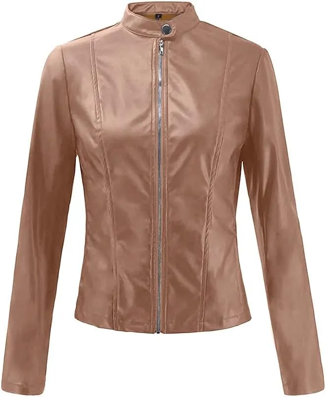 XUNRYAN Women's Classic Cropped Faux-Leather Moto Jackets Lightweight Full Zipper Jackets Winter Fall Casual Coats Solid