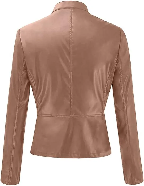 XUNRYAN Women's Classic Cropped Faux-Leather Moto Jackets Lightweight Full Zipper Jackets Winter Fall Casual Coats Solid