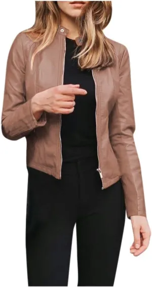 XUNRYAN Women's Classic Cropped Faux-Leather Moto Jackets Lightweight Full Zipper Jackets Winter Fall Casual Coats Solid
