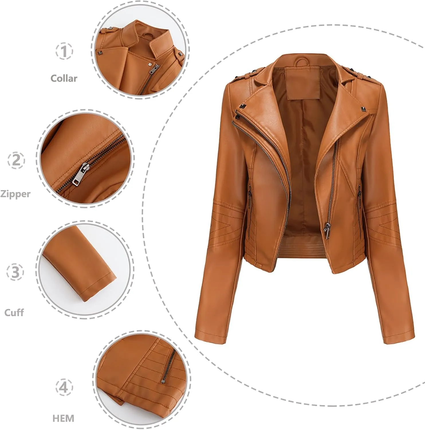 XUNRYAN Womens Faux Leather Jacket Moto Biker Short Coat Slim Fit Double Notch Lapel Zip Up Jacket 2024 Fashion Clothes