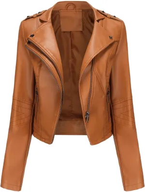 XUNRYAN Womens Faux Leather Jacket Moto Biker Short Coat Slim Fit Double Notch Lapel Zip Up Jacket 2024 Fashion Clothes