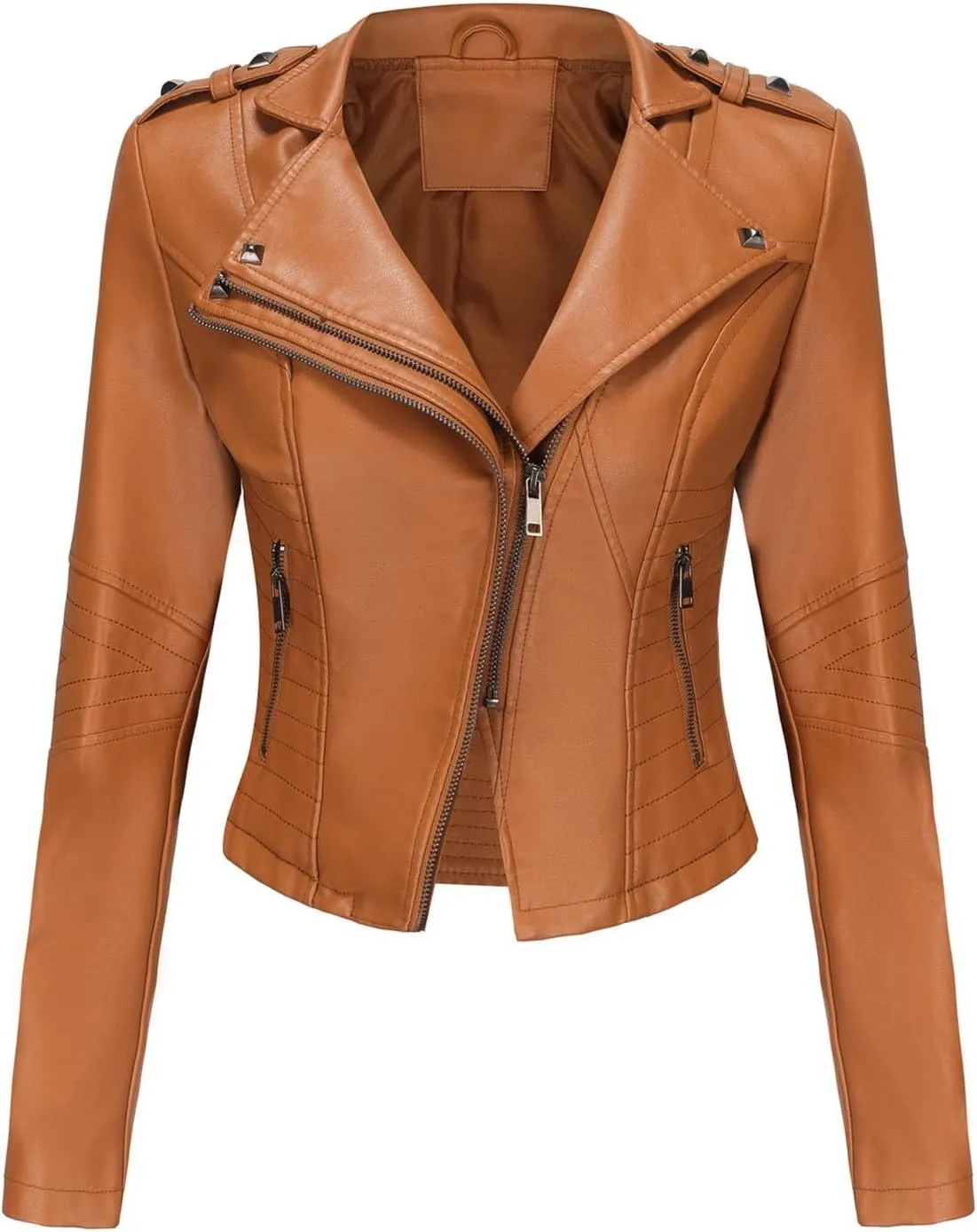 XUNRYAN Womens Faux Leather Jacket Moto Biker Short Coat Slim Fit Double Notch Lapel Zip Up Jacket 2024 Fashion Clothes