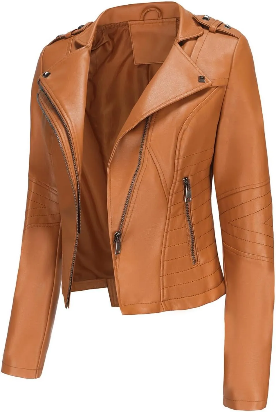 XUNRYAN Womens Faux Leather Jacket Moto Biker Short Coat Slim Fit Double Notch Lapel Zip Up Jacket 2024 Fashion Clothes