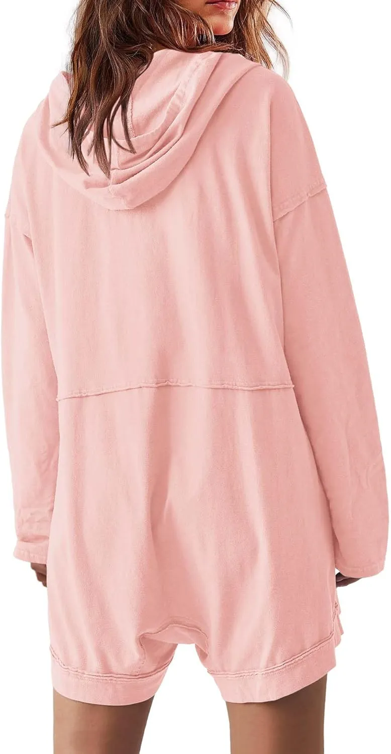 Yanekop Womens Oversized Romper Hoodie Jumpsuit V Neck Short Overalls Casual Long Sleeve Jumpers with Pockets