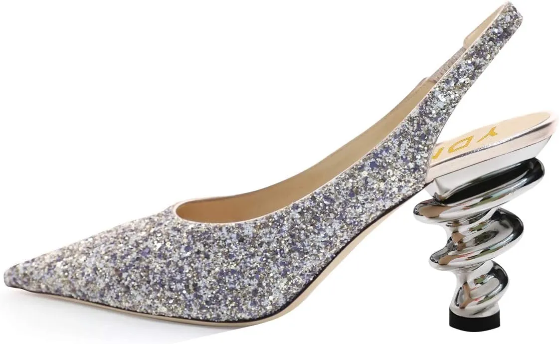 YDN Women Trendy Metallic Spiral Heels Slip On Sandals Slingback Elastic Pointed Toe Pumps Daily Party Shoes 4-15 US