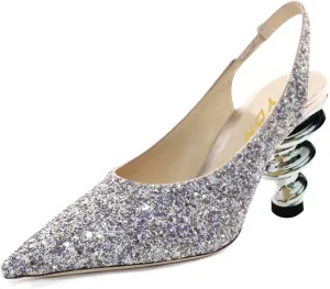 YDN Women Trendy Metallic Spiral Heels Slip On Sandals Slingback Elastic Pointed Toe Pumps Daily Party Shoes 4-15 US