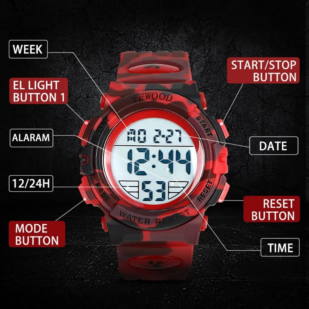 YFWOOD Kids Digital Watch Waterproof Outdoor Watches Children Casual Electronic Analog Quartz Wrist Watches with Silicone Band Luminous Alarm Stopwatch for Boys