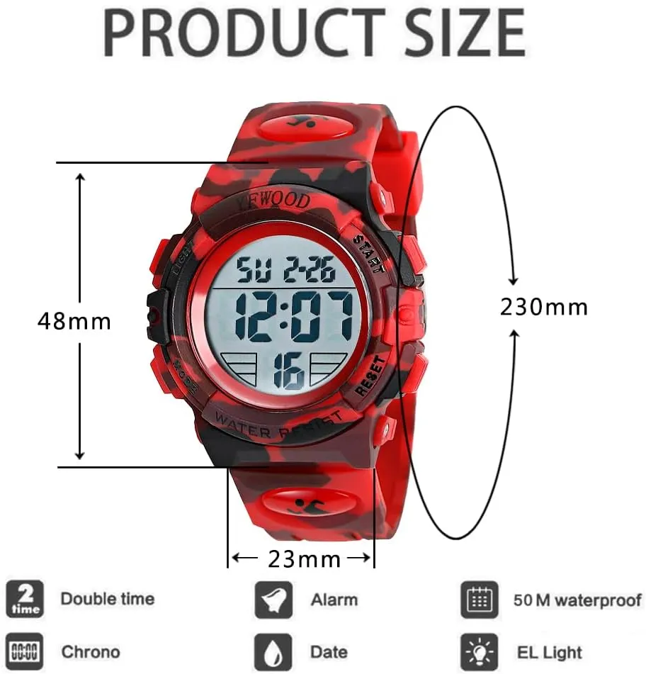 YFWOOD Kids Digital Watch Waterproof Outdoor Watches Children Casual Electronic Analog Quartz Wrist Watches with Silicone Band Luminous Alarm Stopwatch for Boys