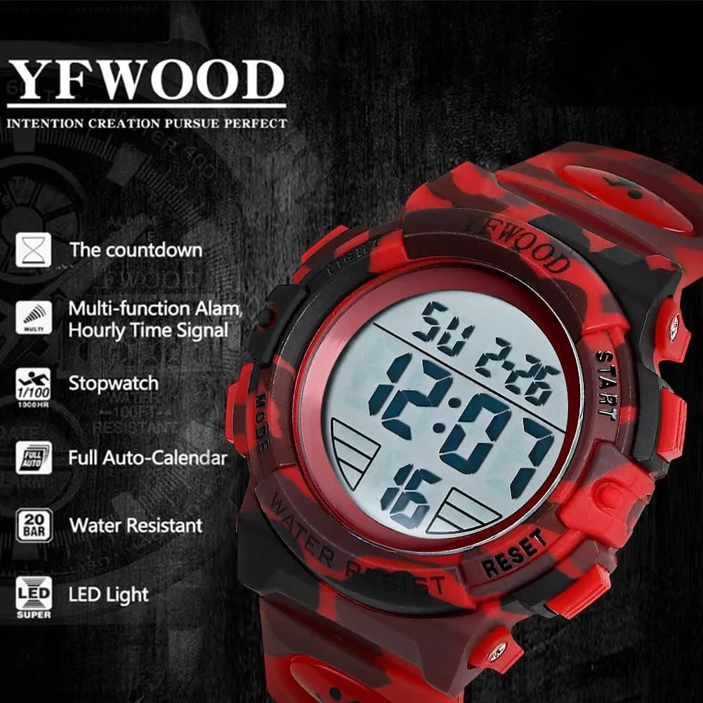 YFWOOD Kids Digital Watch Waterproof Outdoor Watches Children Casual Electronic Analog Quartz Wrist Watches with Silicone Band Luminous Alarm Stopwatch for Boys