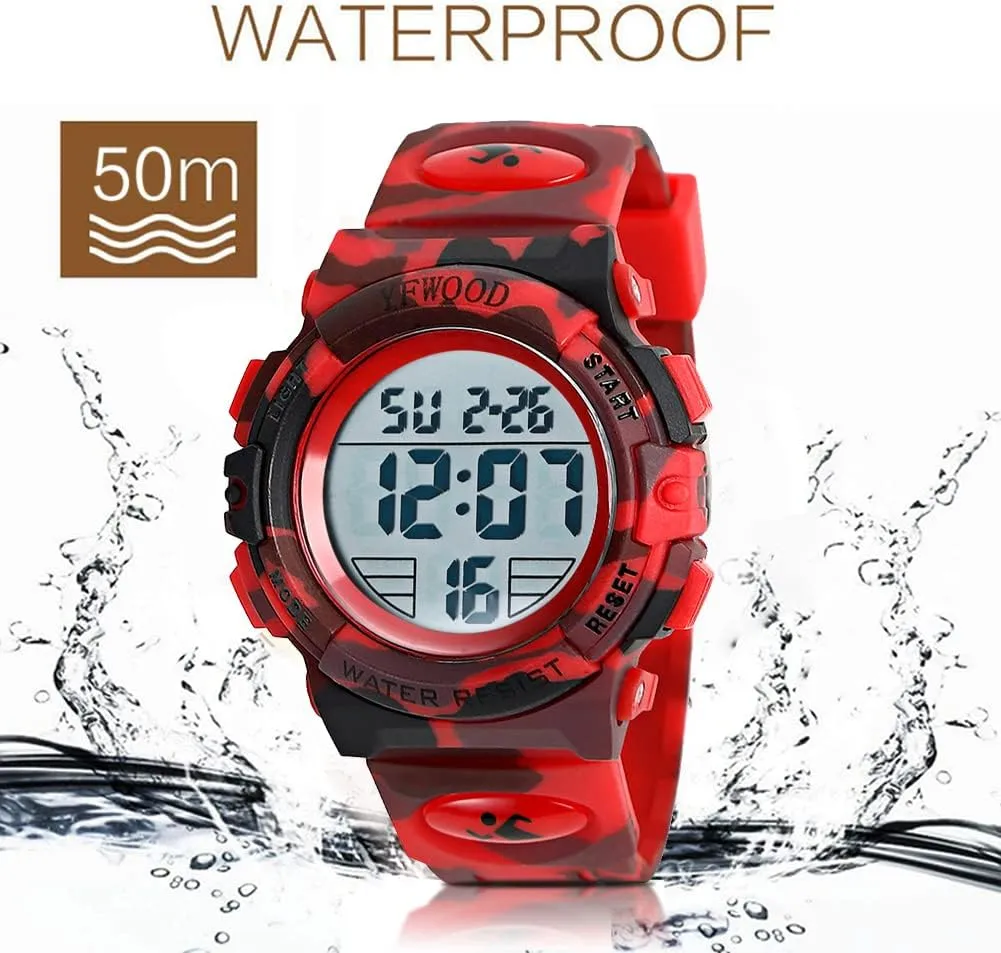 YFWOOD Kids Digital Watch Waterproof Outdoor Watches Children Casual Electronic Analog Quartz Wrist Watches with Silicone Band Luminous Alarm Stopwatch for Boys