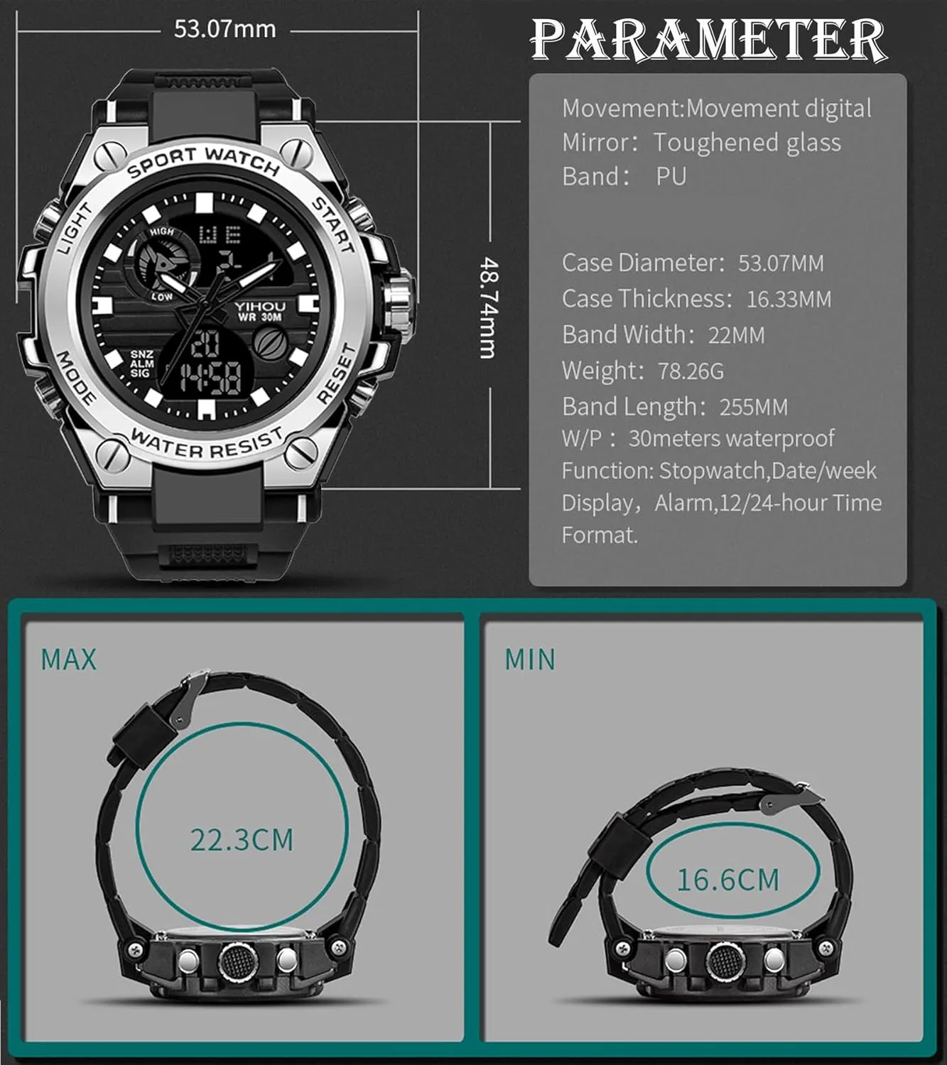 Yihou Men's Military Watch Outdoor Sports Electronic Watch Tactical Army Wristwatch LED Stopwatch Waterproof Digital Analog Watches