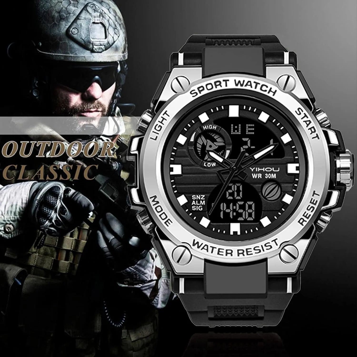 Yihou Men's Military Watch Outdoor Sports Electronic Watch Tactical Army Wristwatch LED Stopwatch Waterproof Digital Analog Watches