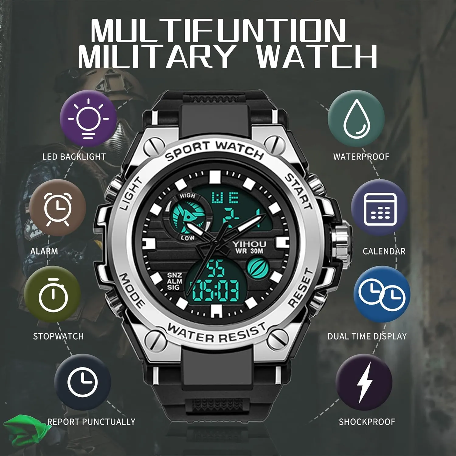 Yihou Men's Military Watch Outdoor Sports Electronic Watch Tactical Army Wristwatch LED Stopwatch Waterproof Digital Analog Watches
