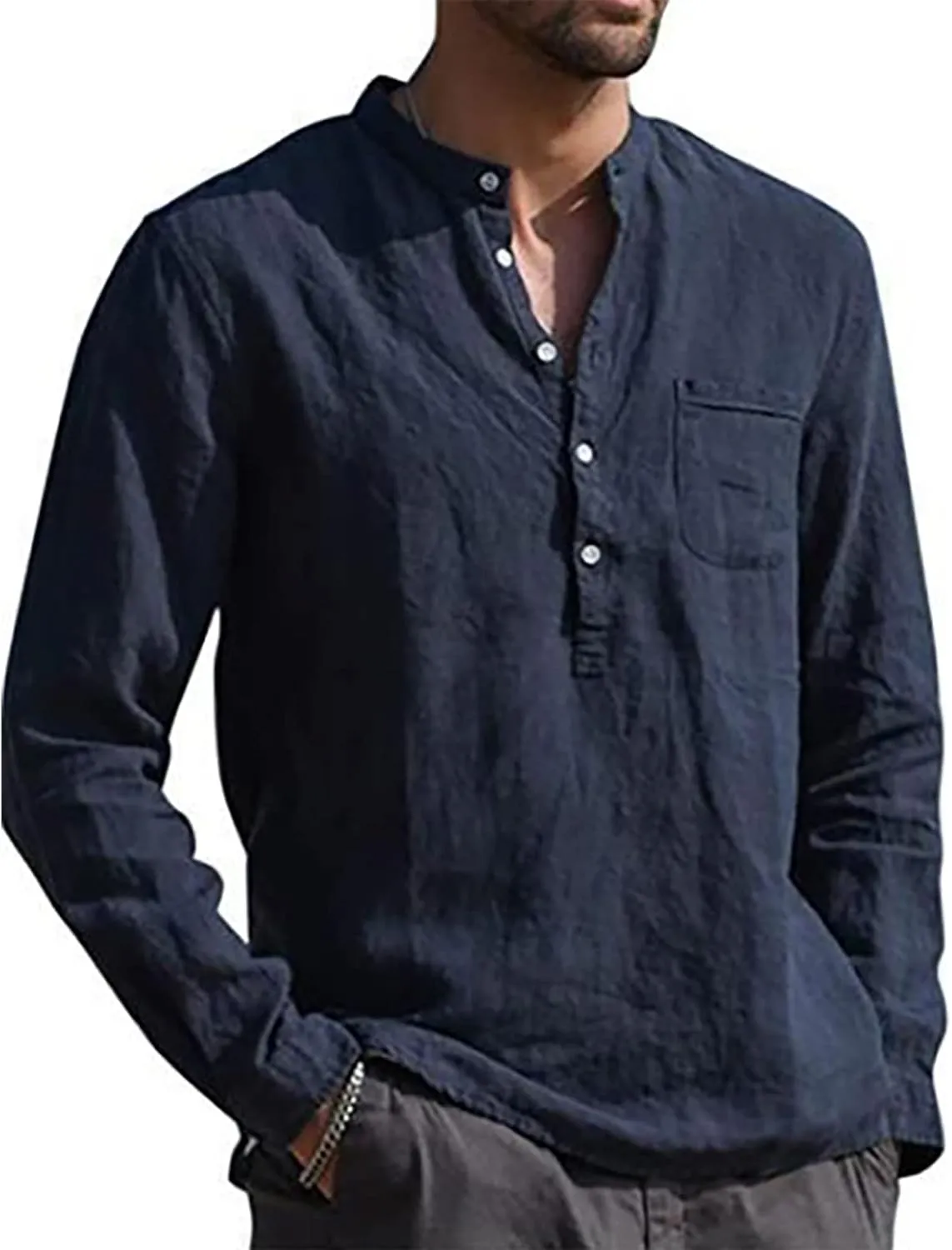 Ymosrh Button Down Shirt Men Solid Color Long Sleeve Shirts Loose Stand Collar Shirts Casual Button-Down Shirts