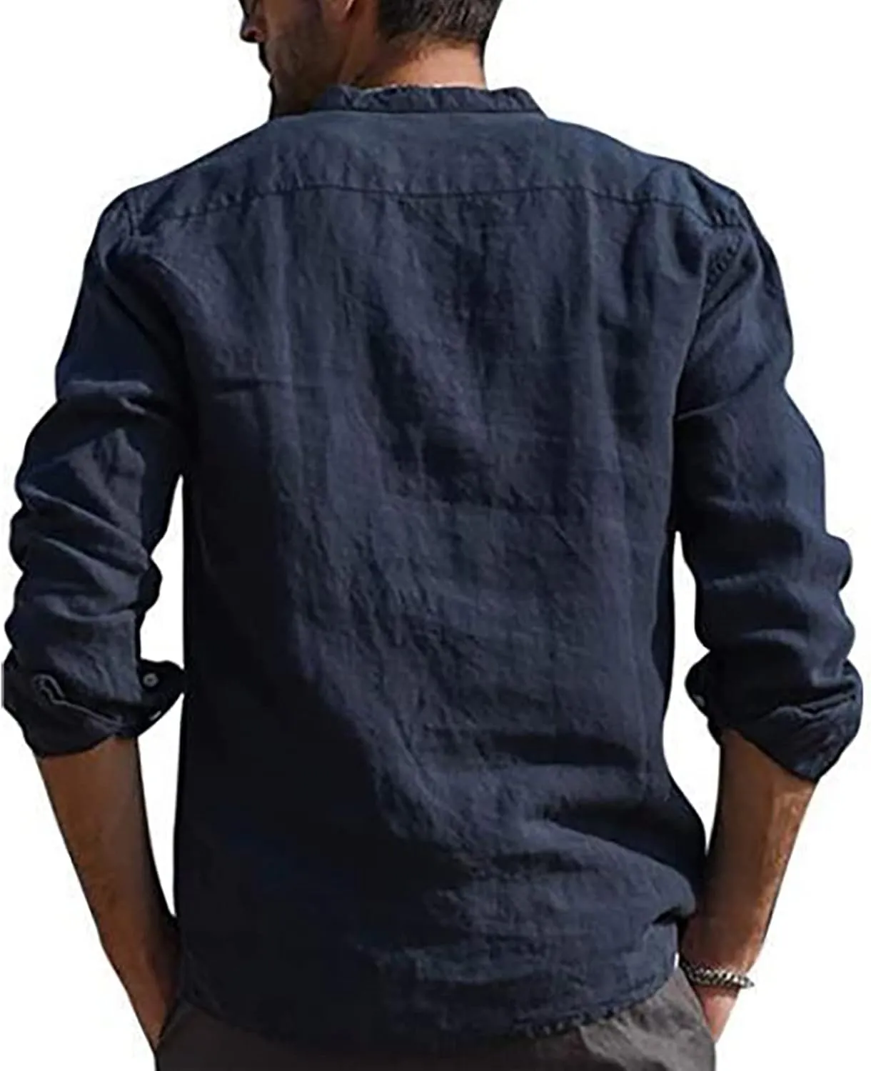 Ymosrh Button Down Shirt Men Solid Color Long Sleeve Shirts Loose Stand Collar Shirts Casual Button-Down Shirts