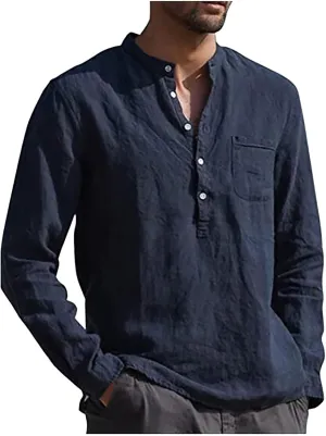 Ymosrh Button Down Shirt Men Solid Color Long Sleeve Shirts Loose Stand Collar Shirts Casual Button-Down Shirts