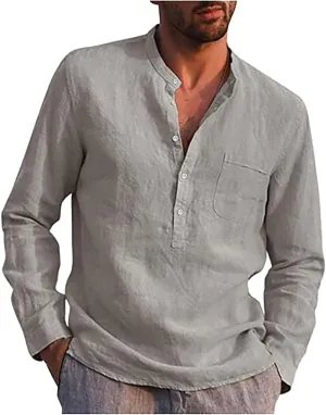 Ymosrh Men's Dress Shirts Cotton Linen Solid Color Long Sleeve Shirts Loose Stand Collar Shirts Mens Sleeved Shirt