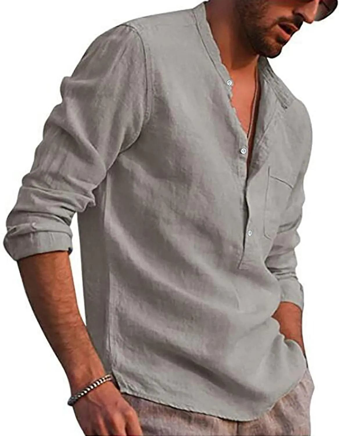 Ymosrh Men's Dress Shirts Cotton Linen Solid Color Long Sleeve Shirts Loose Stand Collar Shirts Mens Sleeved Shirt