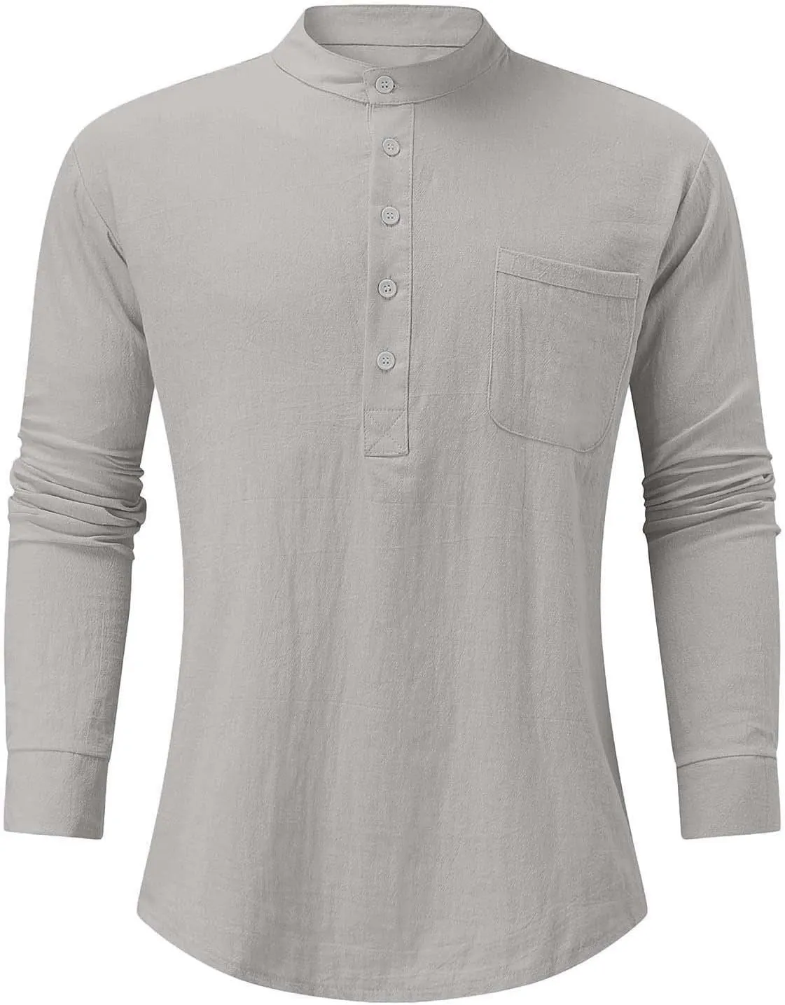 Ymosrh Men's Dress Shirts Cotton Linen Solid Color Long Sleeve Shirts Loose Stand Collar Shirts Mens Sleeved Shirt