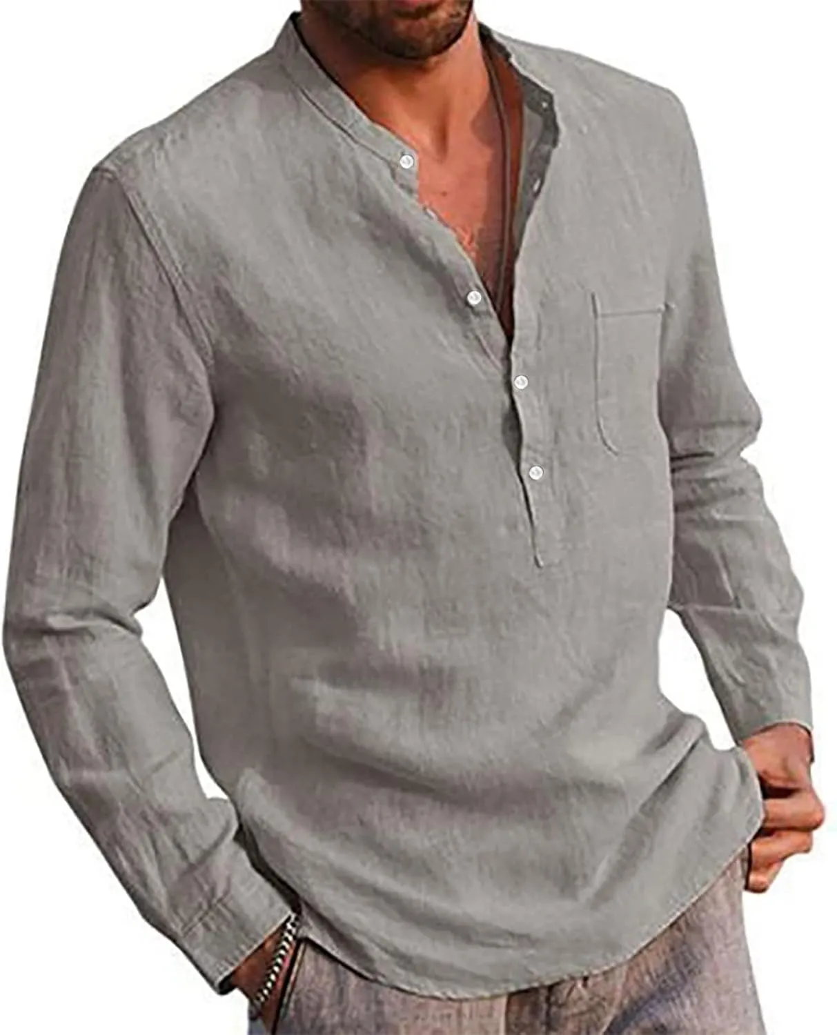 Ymosrh Men's Dress Shirts Cotton Linen Solid Color Long Sleeve Shirts Loose Stand Collar Shirts Mens Sleeved Shirt