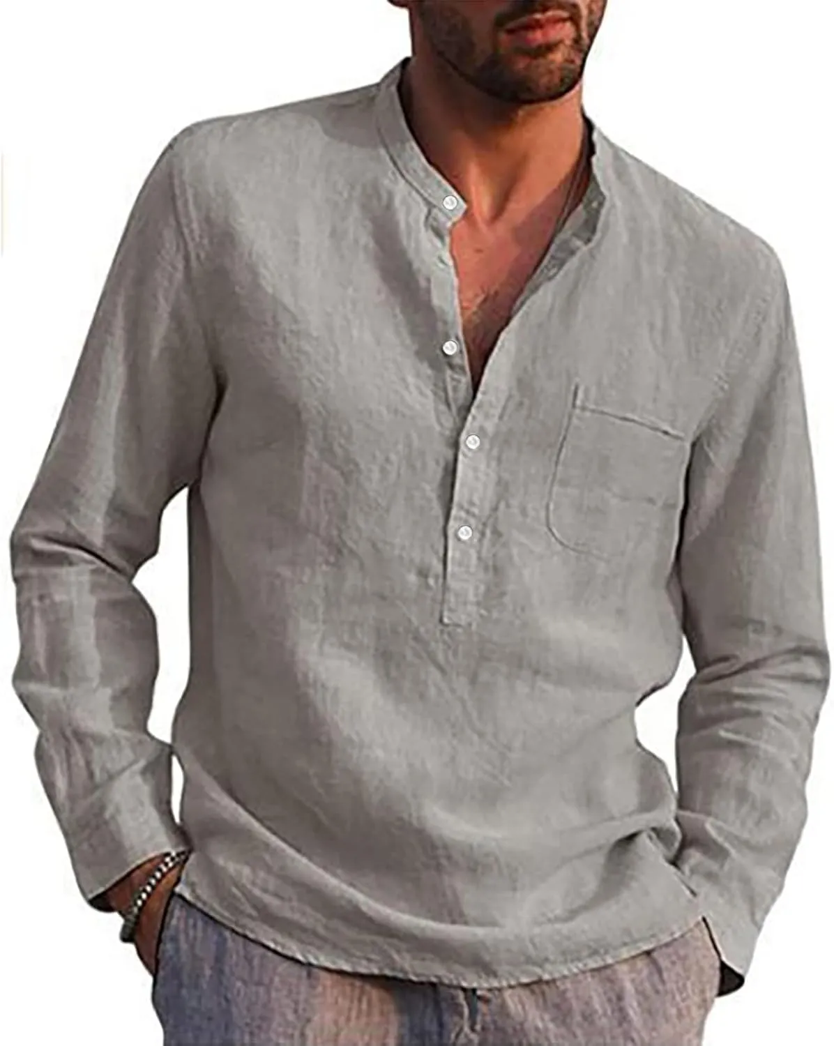 Ymosrh Men's Dress Shirts Cotton Linen Solid Color Long Sleeve Shirts Loose Stand Collar Shirts Mens Sleeved Shirt