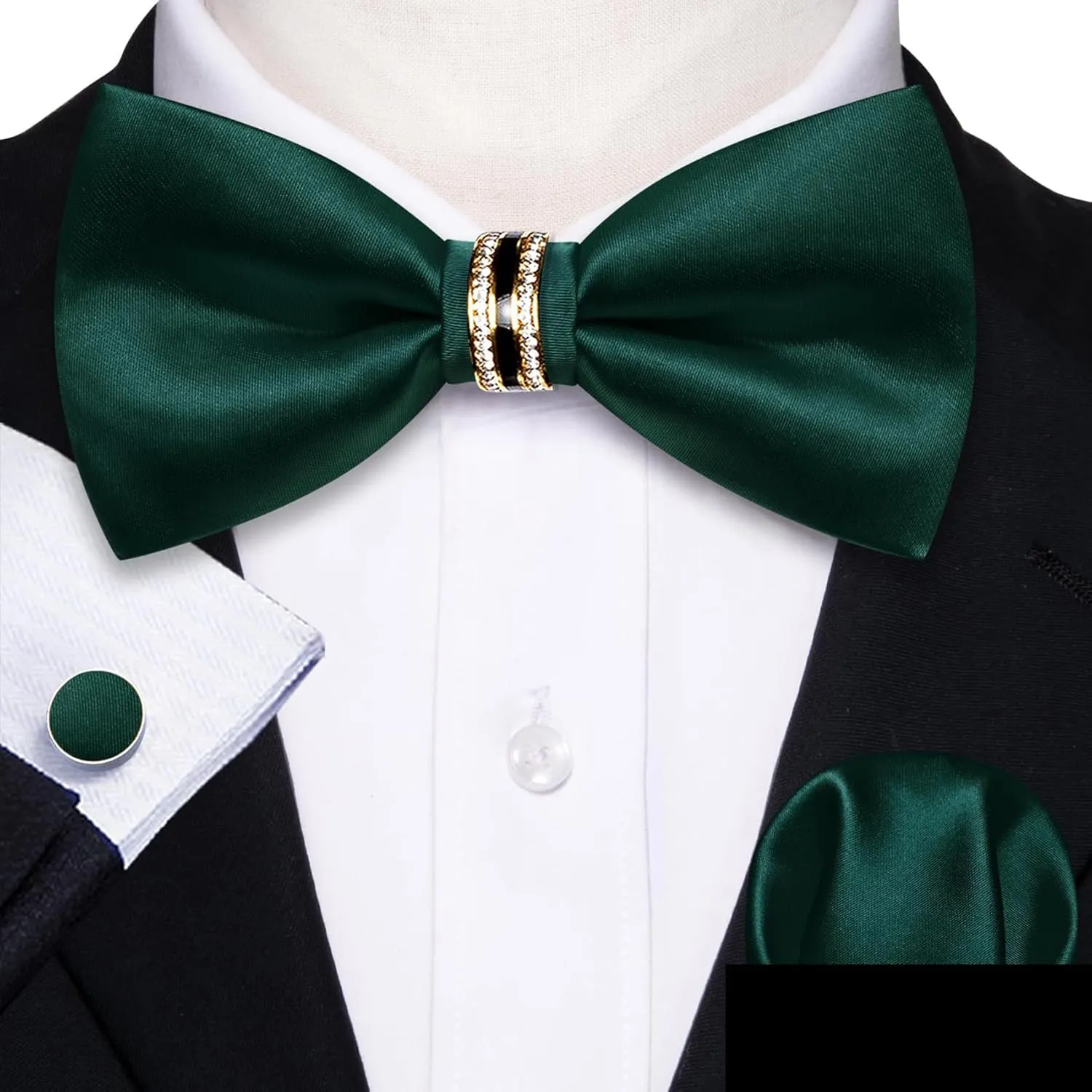 YOHOWA Mens Silk Bow Tie Pretied Bowtie with Gold Fashion Ring Pocket Square Cufflinks Luxury Box
