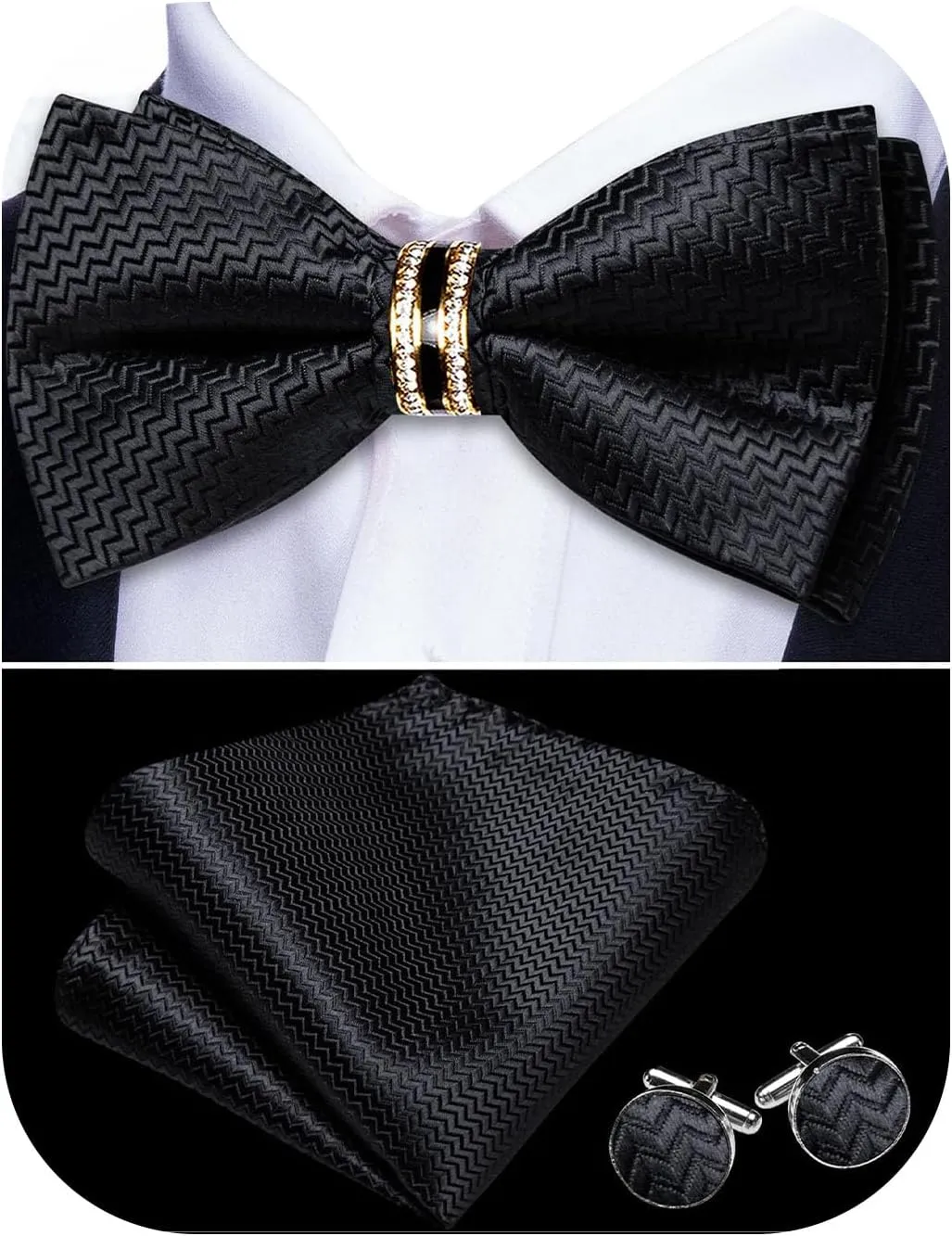 YOHOWA Mens Silk Bow Tie Pretied Bowtie with Gold Fashion Ring Pocket Square Cufflinks Luxury Box