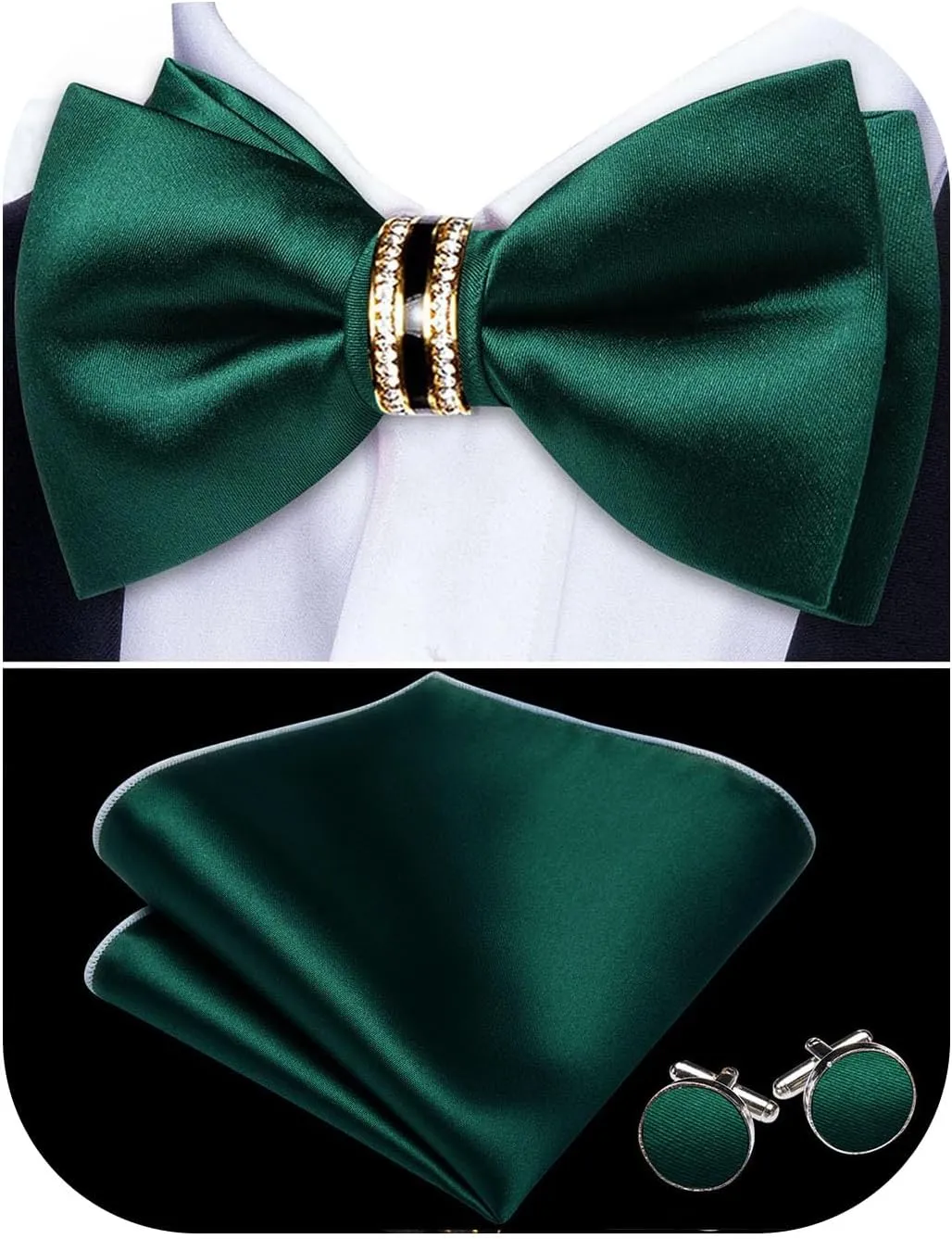 YOHOWA Mens Silk Bow Tie Pretied Bowtie with Gold Fashion Ring Pocket Square Cufflinks Luxury Box