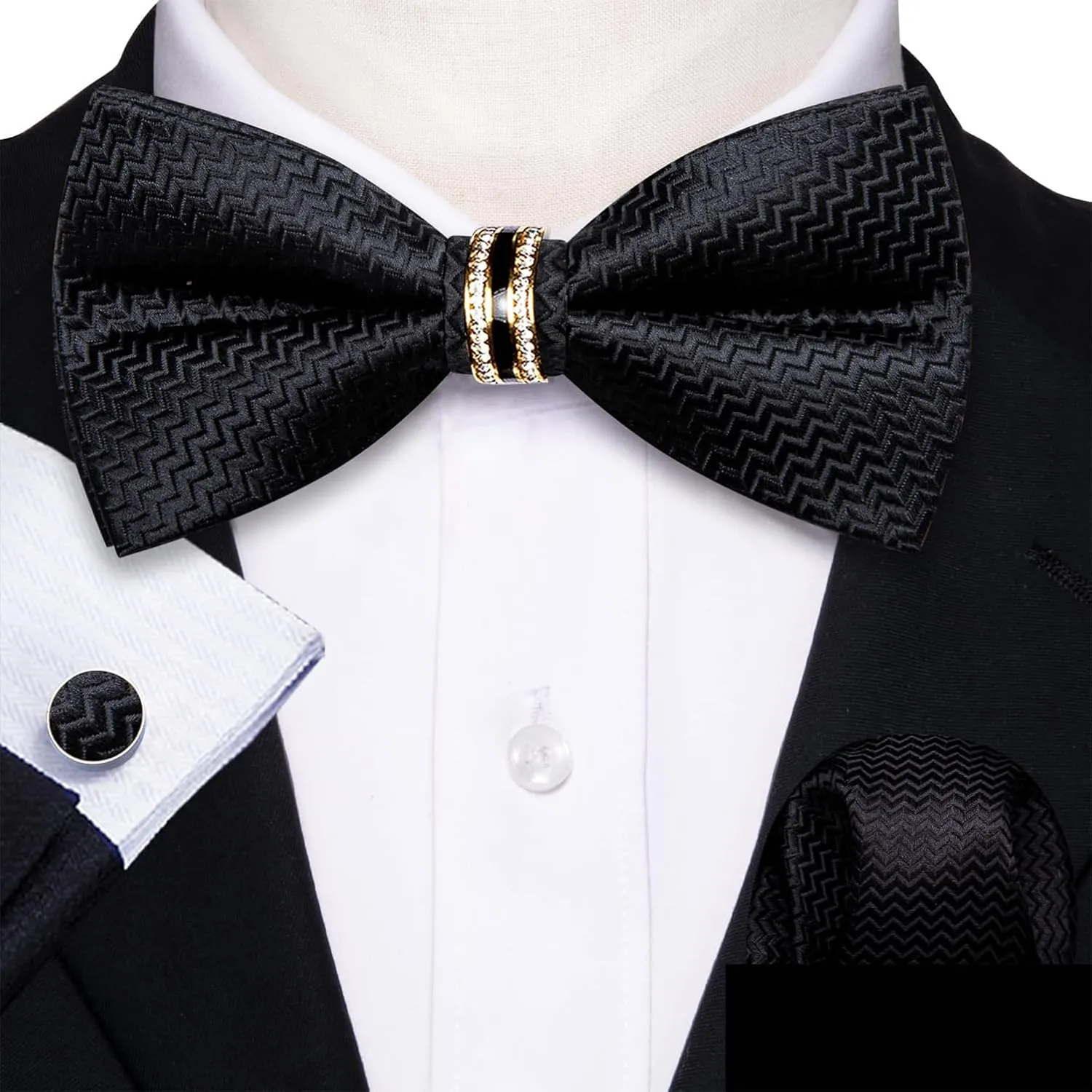 YOHOWA Mens Silk Bow Tie Pretied Bowtie with Gold Fashion Ring Pocket Square Cufflinks Luxury Box