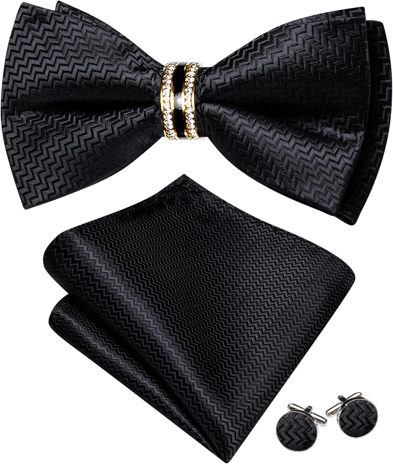 YOHOWA Mens Silk Bow Tie Pretied Bowtie with Gold Fashion Ring Pocket Square Cufflinks Luxury Box