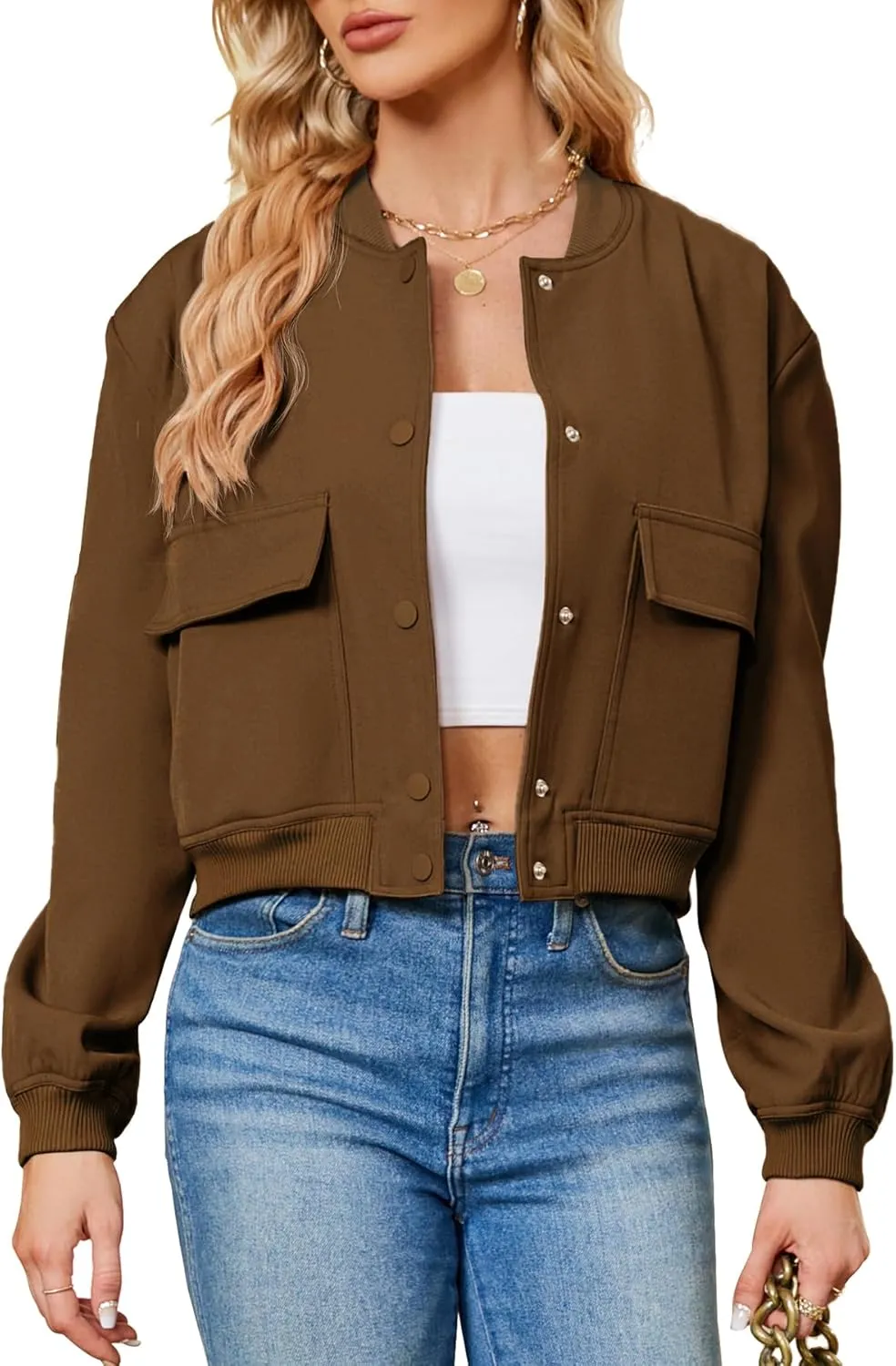 Zando Womens Bomber Jacket Button Down Short Cropped Jackets Long Sleeve Baseball Varsity Jacket Casual Jackets with Pockets