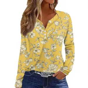 ZEFOTIM Long Sleeve Tops for Women 2024 Fall Loose Fit Trending Geometric V Neck Button Down Tops Trends Fashion Soft Shirt