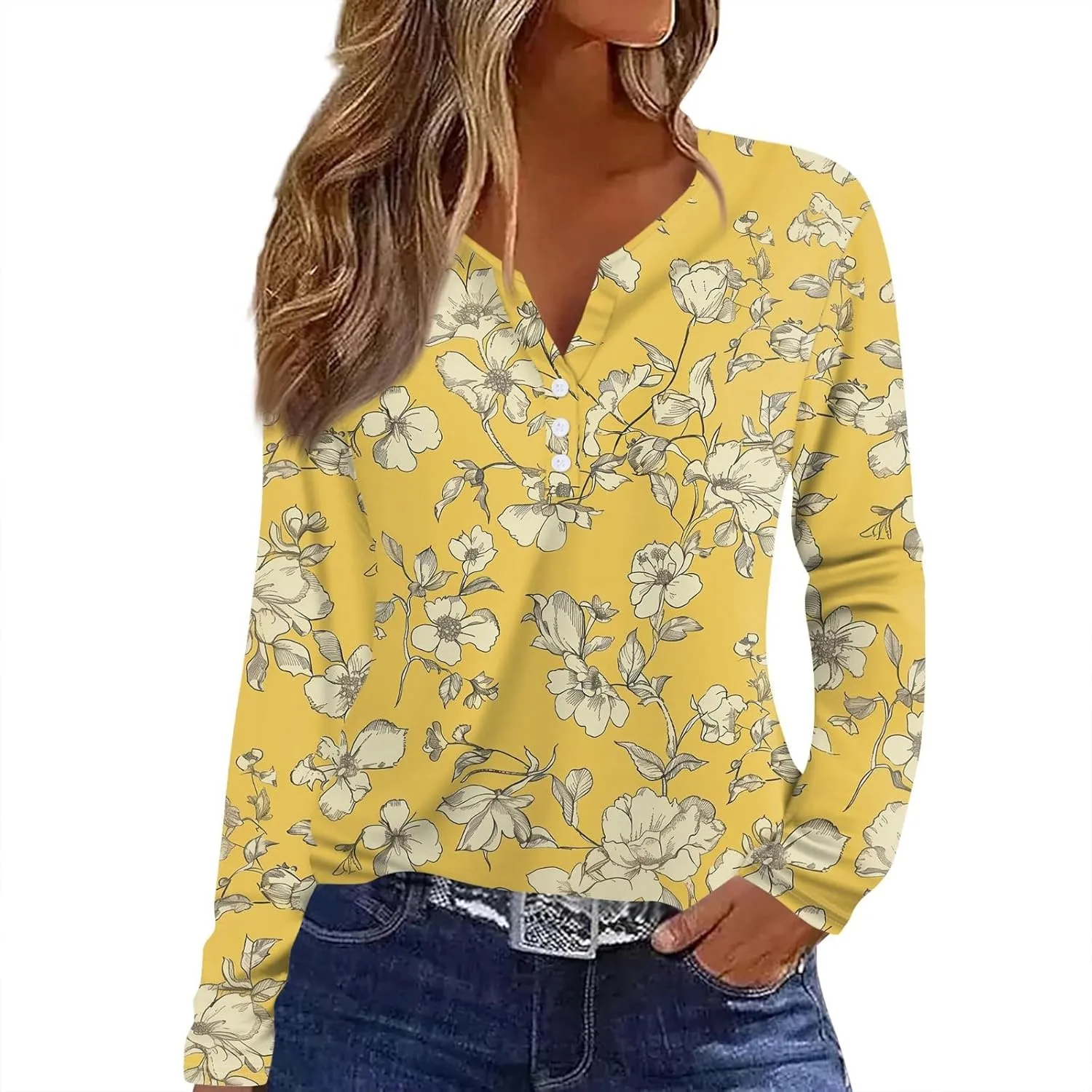 ZEFOTIM Long Sleeve Tops for Women 2024 Fall Loose Fit Trending Geometric V Neck Button Down Tops Trends Fashion Soft Shirt