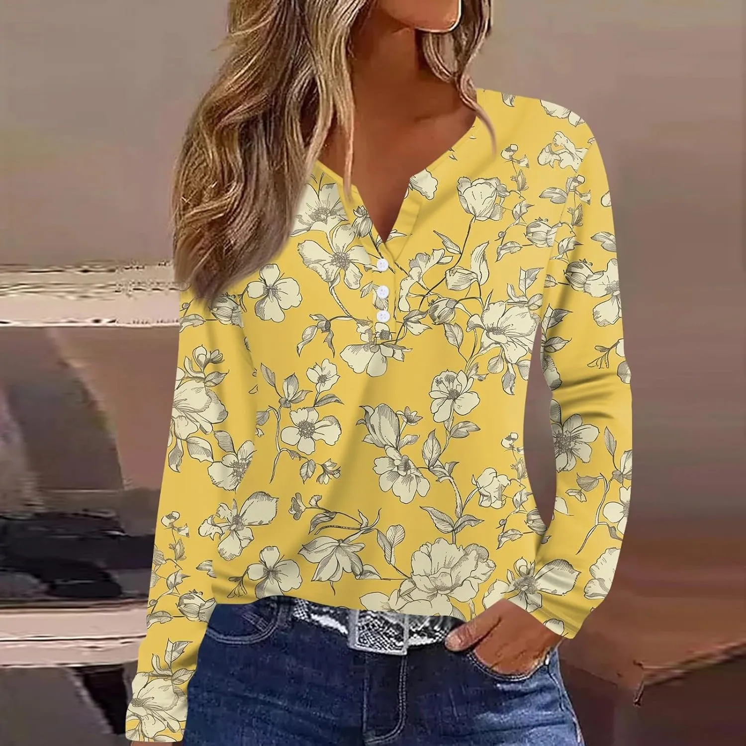 ZEFOTIM Long Sleeve Tops for Women 2024 Fall Loose Fit Trending Geometric V Neck Button Down Tops Trends Fashion Soft Shirt