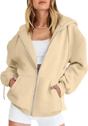 Zip Up Hoodie Women Oversized Long Sleeve Hooded Sweatshirt Jacket Casual Solid Color Hoodies 2024 Fall Outfits