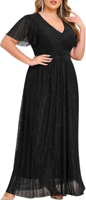 ZOMVA Plus Size Maxi Formal Dress Sparkly V-Neck A-line Ruffle Sleeves Evening Gown Cocktail Prom Glitter
